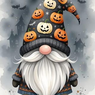 an image of a gnome with pumpkins on his hat Halloween Gnomes 4 Halloween Canvas Art, Halloween Gnome Drawing, Happy Halloween Pictures, Gnome, dark gray