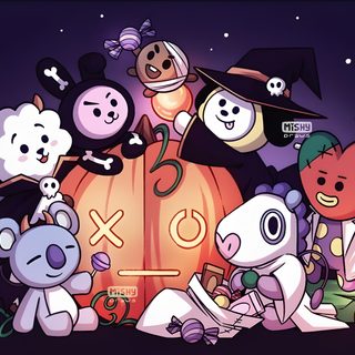 a group of cartoon characters sitting on top of a pumpkin Bt21 Halloween Bt21 Halloween Shooky, Disney Characters, Spooky Bt21, Bt21 Pumpkin Painting, dark slate gray