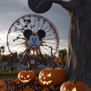 three pumpkins with faces carved into them in front of a ferris wheel and mickey mouse Iphone Disneyland Halloween Halloween, Disneyland Planning, Disney Planning, Disney Tips, saddle brown