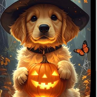 a dog wearing a witches hat and holding a pumpkin Halloween Dog Golden Retriever Halloween, Cute Dog In A Pumpkin, Halloween Cute, Autumn Scenery, saddle brown