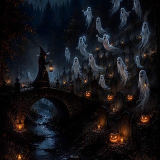 an image of a halloween scene with ghost on the bridge and pumpkins in the water Salem Halloween Aesthetic Cartoon Halloween, Image Halloween, Halloween Backgrounds, Halloween Facts, black