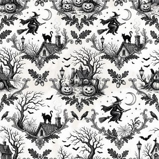 a black and white halloween wallpaper with witches, pumpkins and cats on it Gothic Halloween Pattern In Black And The Only Exception, Spooky House, Invitation Background, linen