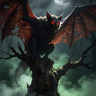 a red dragon sitting on top of a tree stump Halloween Flying Monster Art, Fall Decor, dark slate gray
