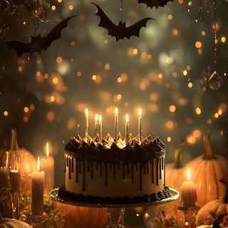 a birthday cake with candles and bats hanging from it's ceiling, surrounded by pumpkins Halloween Birthday Spooky Birthday Celebration Tips, Halloween Celebration, Spooky Birthday, dark olive green