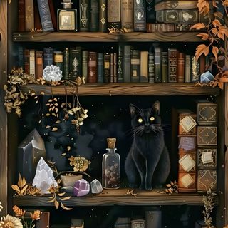 a painting of a black cat sitting on top of a book shelf filled with books Halloween For Home Office Witchy Cottagecore, Baba Jaga, Cottagecore, Bookshelf Art, Academia, dark slate gray