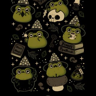 some green cartoon characters with hats and other items on their heads, in the middle of a Cute Halloween Frog black