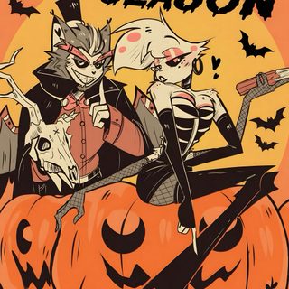 two cats sitting on top of a pumpkin with the words spooky season written above it Hazbin Hotel Halloween Fnaf Halloween Poster, Halloween Poster Drawing Ideas, Halloween Posters To Draw, peru