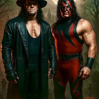 two men in costumes standing next to each other Wwe Halloween Wwe Halloween, Superhero Artwork, Wwe Villains, Wwe Undertaker Art, Female Samurai, black