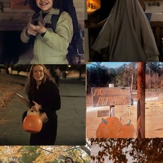 the collage shows people dressed in costumes and holding pumpkins, standing near a house Matching Stranger Things And Halloween Characters Dustin Stranger Things Halloween, Halloween, Halloween Stranger Things, dark olive green