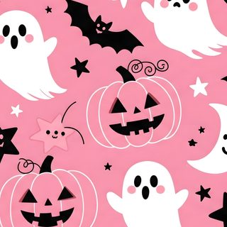 a pink background with black and white halloween pumpkins, ghostes and stars on it Pink Halloween Phone Pink Halloween Ipad, Pink Halloween Backgrounds, Cute Pink Halloween Iphone,