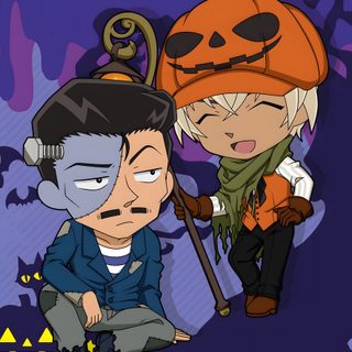 two cartoon characters sitting next to each other Detective Conan Halloween Detective Conan 10th Anniversary Poster, Detective Conan Iphone, Detective Conan Halloween, dark slate gray