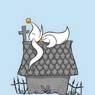 a white bird sitting on top of a roof next to a cross and a fence Zero Halloween Cute Halloween Nightmare Before Christmas, Zero From Nightmare Before Christmas, Zero Nightmare Before Christmas, powder blue