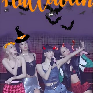 four girls dressed up in halloween costumes with bats flying above them and the words happy halloween Halloween Blackpink Halloween, Halloween Blackpink, Blackpink Fashion, Black Pink, Pink, dark slate blue