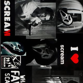 an advertisement for the scream factory with images of women and men in masks on them Halloween Laptop Scream Scream Desktop, The Original, Scream Ipad, Iphone Background, Ghostface, black