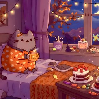 a cat sitting on top of a bed next to a table filled with cakes and candles Desktop Pusheen Halloween Cute Halloween Pc, Cute Halloween Computer, Desktop Pusheen Halloween, dim gray