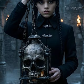 a woman holding a skull in her hand with chains hanging from it's sides Wednesday Halloween Halloween Series, Addams Family, Roronoa Zoro, Coraline, Halloween Haunt, dark slate gray