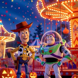 the characters from toy story land in front of an amusement park with pumpkins and carnival rides Toy Story Halloween Woody And Buzz, Punk Disney, Disney Drawings Sketches, Disney Crossovers, dim gray