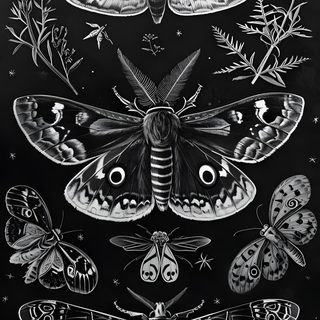 moths and other insects in black and white on a chalkboard with stars, flowers, and leaves Halloween Moth Moth Backgrounds, Aesthetic Images To Print, Moth Drawing, Gothic Wall Prints, Moths, black