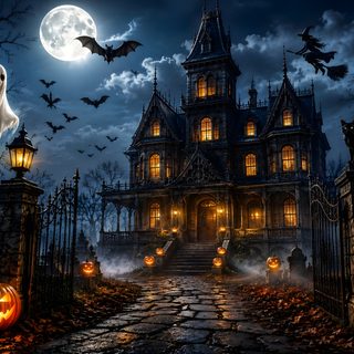 an image of a halloween scene with pumpkins and ghost Halloween Mansion dark slate gray