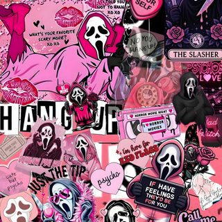 a collage of various stickers and decals on a pink background that says, no you than the slasher Cute Halloween Mean Girls Ghost Faces, Pretty Iphone, Ipad Background, Cute Cute Ghostface, pale violet red