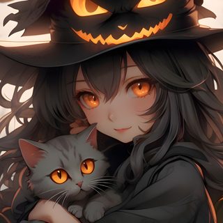 a woman in a witches hat holding a cat with glowing eyes and an evil look on her face Halloween Girl Anime Halloween Aesthetic, Anime Halloween Phone, Halloween Girl, dark slate gray