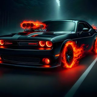 a black car with red flames on it's hood is driving down the road Halloween Hellcat Fire Hellcat, Challenger Fire, Ghost Rider Challenger, Dodge Challenger Animated, black