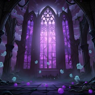 an image of a gothic castle with purple light coming from the window and ghost decorations on the floor Purple Halloween 4k Witch Castle Background, Laptop Backgrounds, Purple Throne Background, dark slate gray