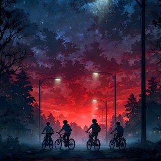 a movie poster with three people riding bikes in the dark, under a red sky Stranger Things Halloween High Resolution Stranger Things Poster, Poster Stranger Things Poster, Stranger Things Upside Down, black