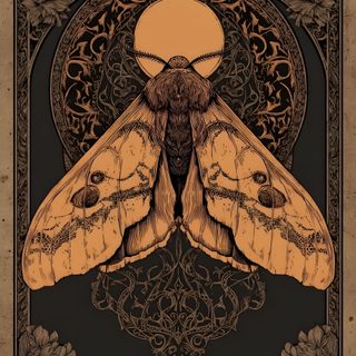 an orange moth on a black and brown background with ornate border around the image, Halloween Moth Moth Artwork, Moth Illustration, Vintage Witch Art, Moth Print, Moth Art, dark olive green