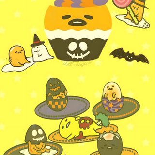 an image of some cartoon characters on a yellow background with the words gudetama Gudetama Halloween Kawaii Gudetama, Kawaii Sanrio Gudetama, Gudetama Autumn, Gudetama Halloween, khaki