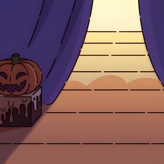 a cartoon pumpkin sitting on top of a box in front of a curtained entrance Sanrio Halloween Gif Cute Halloween Discord Banner Gif, Halloween Bg Gif, Sanrio Halloween Gif, dark slate gray