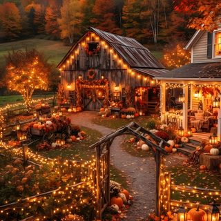an autumn scene with pumpkins and lights in the yard Halloween Country saddle brown