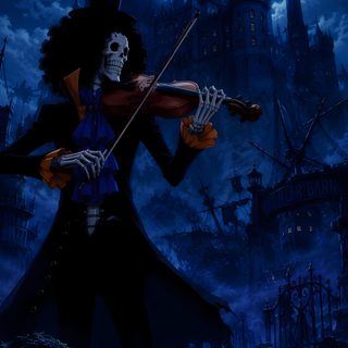 a skeleton playing the violin in front of a castle with a full moon behind it One Piece Halloween 4k One Piece Cartoon, One Piece, black
