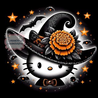 a black and white cat wearing a witches hat with an orange flower on it's head Halloween With Hello Kitty In A Hat Hello Kitty Spooky, Spooky Hello Kitty, Hello Kitty October, black