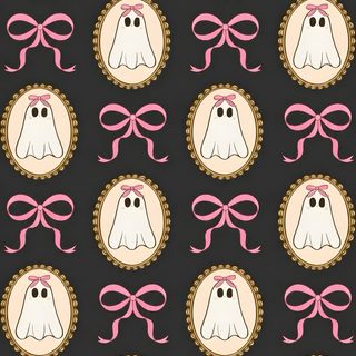 a black background with pink bows and ghost faces on it's side, in the center is an oval frame Halloween Coquette dark slate gray