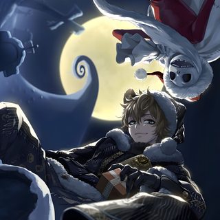 an anime character is holding onto another character in front of a full moon and sky Twisted Wonderland Halloween Ruggie Cards, Twisted Wonderland, Twisted Wonderland Official Art, dark slate gray