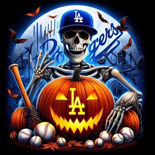 a baseball player with a pumpkin and bats Dodgers Halloween Halloween, Dodgers Logo On Pumpkin, La Dodgers Halloween, Dodgers Skeleton, black