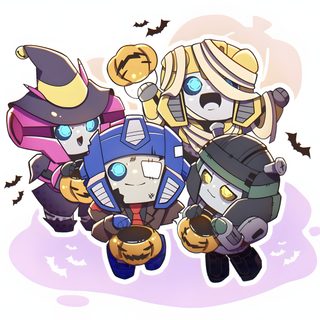 some cartoon characters with pumpkins and bats Transformers Halloween Transformers Halloween Art, Transformers Skids X Nautica, Transformers Crossover Fan Art, lavender