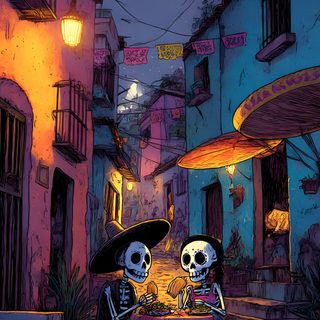 two skeletons sitting at a table in the middle of an alleyway with lights strung above them Mexican Halloween Day Of The Dead Aesthetic, Inspiration Wall, Day Of The Dead, Brick Wall, dark slate gray