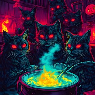 three black cats sitting in front of a caulder filled with fire and glowing eyes Halloween Fiery Felines-black Custom Evil Cat Art, Evil Black Cat, Halloween Black Cat, midnight blue