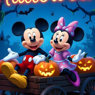 two mickey and minnie mouse in a wagon with pumpkins Mickey And Friends Halloween Backgrounds Mickey And Friends Happy Halloween, Disney Background, Minnie Mouse Halloween, dark slate gray