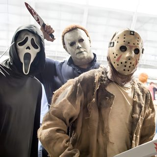three people in costumes standing next to each other with masks on their faces and one holding a knife Trio Halloween Irish Halloween, Trio Costumes, Horror Photos, Creepy Costumes, Trio Halloween Costumes, gray