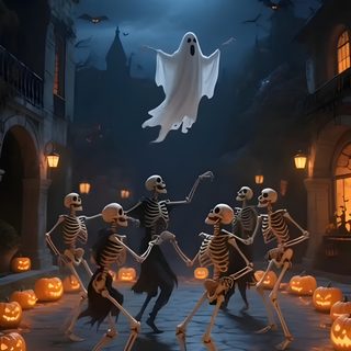 a group of skeletons dancing in front of a full moon with jack - o'- lanterns Halloween Skeleton Party Dancing Dancing Halloween Gif, Happy Halloween Dancing, Halloween Dance, dark slate gray