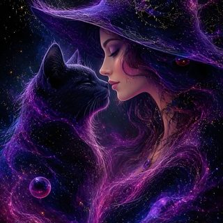 a woman wearing a witches hat and holding a black cat in her arms with stars on the background Halloween Witch Cats Custom Dreamy Witch, Witchcraft, Witchy Images, Witch Pictures, Tolkien Art, black