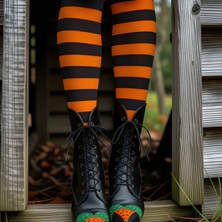 a person in striped socks and black shoes with orange stripes on their legs, standing at the bottom of a wooden structure Happy Halloween Stockings Wicked Witch Shoes, Wicked Witch Of The East Feet, Halloween Leg Warmers, dark slate gray