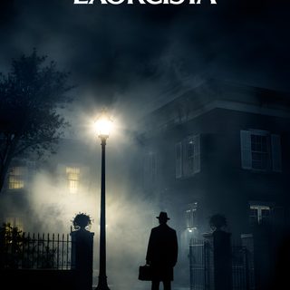 a man standing in front of a street light on a rainy night with the words exorcicsta above him Exorcist Halloween black