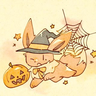 a drawing of a rabbit in a witch hat holding a jack o lantern Eevee Halloween lemon chiffon