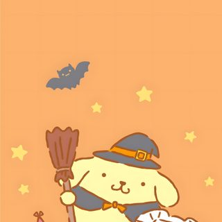 a cartoon character holding a broom and wearing a witches hat, standing in front of an orange background Pom Pom Purin Halloween Pompompurin Autumn, Pompompurin Thanksgiving, Pompompurin Halloween Background, sandy brown