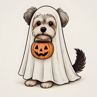 a dog dressed up as a ghost with a pumpkin in its mouth Halloween Dog Ghost Ghost Dog, Gothic Halloween, Halloween Clipart, Dog Halloween, antique white