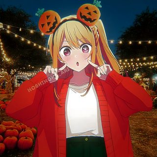 a girl in a red jacket is holding her hands up to her ears while standing next to pumpkins Oshi No Ko Halloween Ruby Hoshino Cat, Ruby Hoshino Happy, Oshi No Ko Halloween, saddle brown